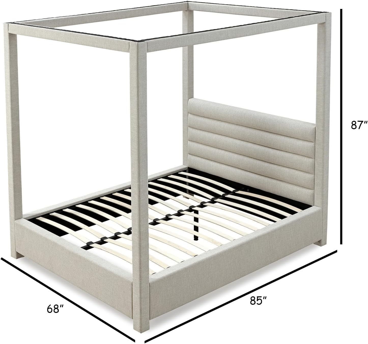 Benjara Riu Queen Size Canopy Bed, Panel Headboard, Tufted Gray Linen Upholstery