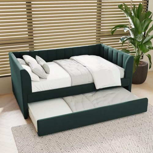 Twin Size Daybed with Trundle, Velvet Upholstered Day Bed Frame Bottom Tufted Sofa Bed Mid-Century Design for Bedroom Living Room Guest Room (Green)