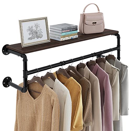 GREENSTELL Clothes Rack with Top Shelf, 45.5in Industrial Pipe Wall Mounted Garment Rack, Space-Saving Display Heavy Duty Detachable Multi-Purpose Hanging Rod for Closet Storage