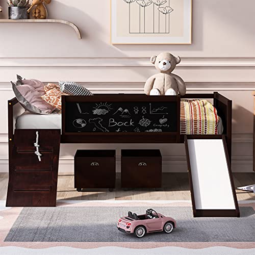 Low Loft Bed with Slide and Two Storage Boxes, Chalkboard, Wood Twin Size Loft Bed with Climbing Frame and Rope (Espresso, Loft Bed),Modern Style, xx-921