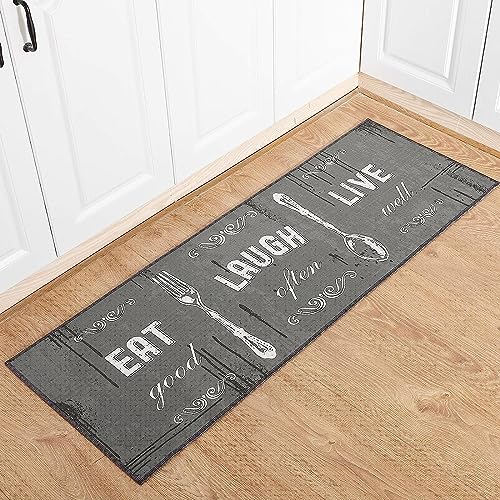 Carvapet 2 Piece Kitchen Rug Set Non-slip Backing Mat Throw Rug for Kitchen Doormat Runner Rug Set, Motto Design, Blackish/Dark Grey (17