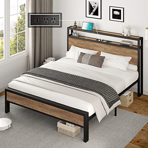 AMERLIFE King Size Bed Frame Industrial Platform Bed with Charging Station, 2-Tier Storage Headboard/No Box Spring Needed/Noise-Free/Rustic Brown