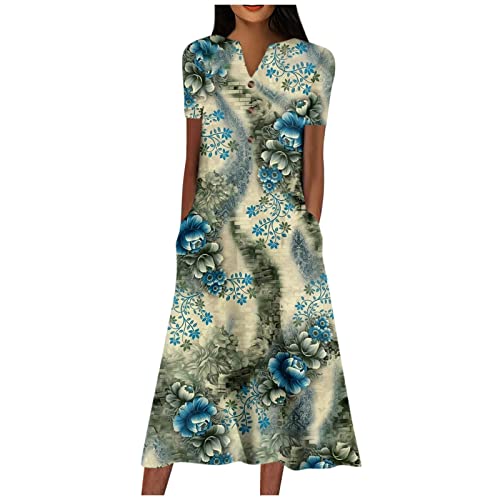 Dresses for Women 2024 Floral Printed Half Sleeve Dresses V Neck Pocket Beach Dress Button Down Swing Long Dress