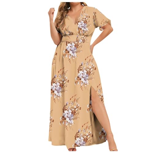 Plus Size Summer Dresses for Women Floral Wrap V Neck Wedding Guest Dress Maxi Slit Flowy A Line Beach Party Sundress