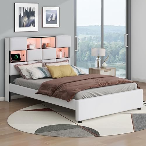 Merax Full Size Upholstered Platform Bed with Hydraulic Storage System and 2 Drawers, White