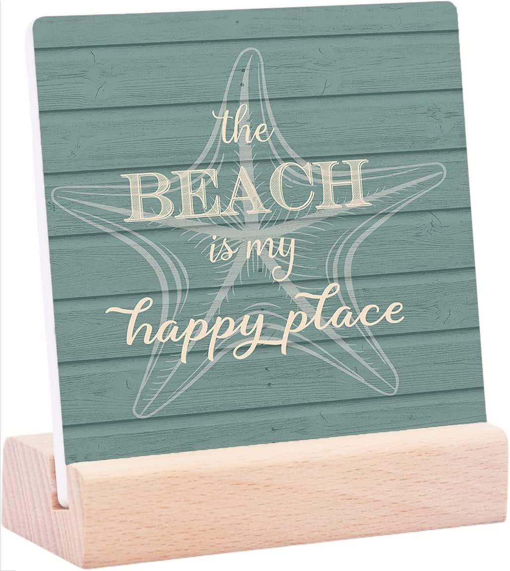 Ceramic Table Plaque with Wooden Stand Desk Decorations- Marine Life Starfish The Beach is My Happy Place On Wooden Texture Tabletop Sign Desk Decorations for Home Office Bedroom Family Decor