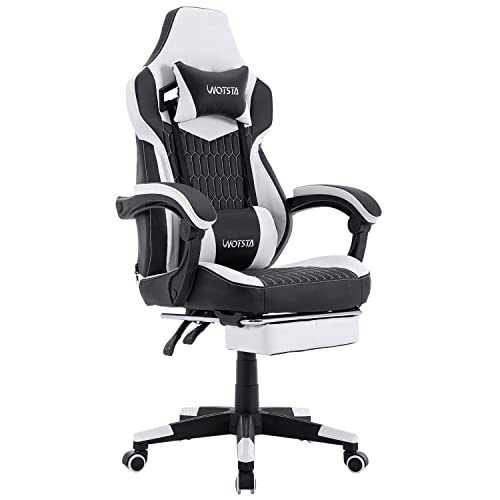 Gaming Chair with Footrest, High Back Gaming Chairs PVC Leather Ergonomic Office Gamer Chair Headrest Lumbar Support Racing Style Video Gaming Chair (Black White)
