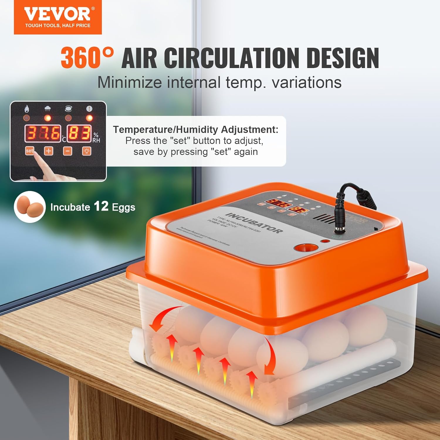 VEVOR 12 Egg Incubator, Incubators for Hatching Eggs, 360° Automatic Egg Turner with with Temperature and Humidity Display, 12 Eggs Poultry Hatcher with ABS Transparent Shell for Chicken, Duck, Quail