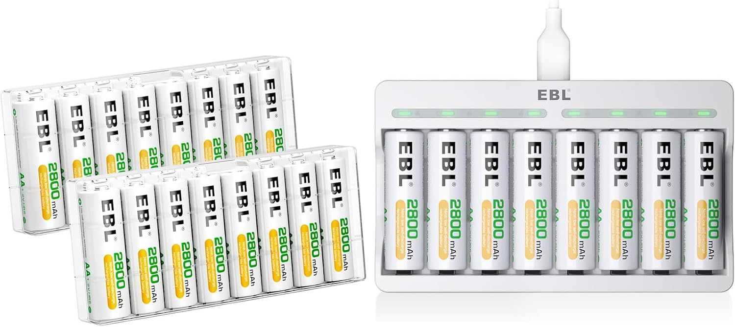 EBL Rechargeable AA Batteries 2800mAh 24 Pack and 8-Bay AA AAA Individual Rechargeable Battery Charger