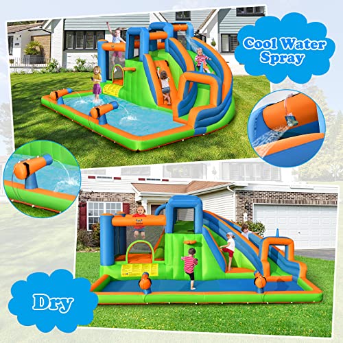 BOUNTECH Inflatable Water Slide, 7 in 1 Mega Water Park Bounce House Waterslide Combo for Outdoor Fun w/735W Blower, Climbing Walls, Blow up Water Slides Inflatables for Kids and Adults Backyard Gifts