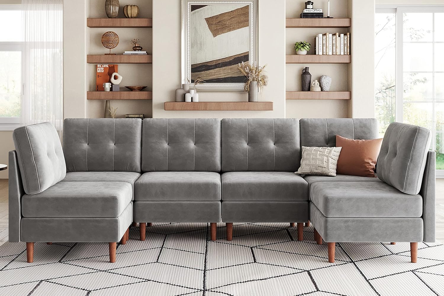 LINSY HOME Modular Sectional Sofa, Velvet Sectional Sofa Couch with Memory Foam, U Shape 6 Seat Modular Sectionals, Sleeper Sofa Couches with Chaise for Living Room, Grey