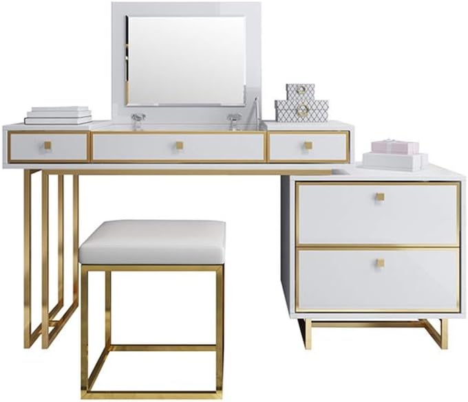 Vanity Table Set Wooden Make Up Table,Large Sliding Drawers Makeup Dressing Table with Cushioned Stool