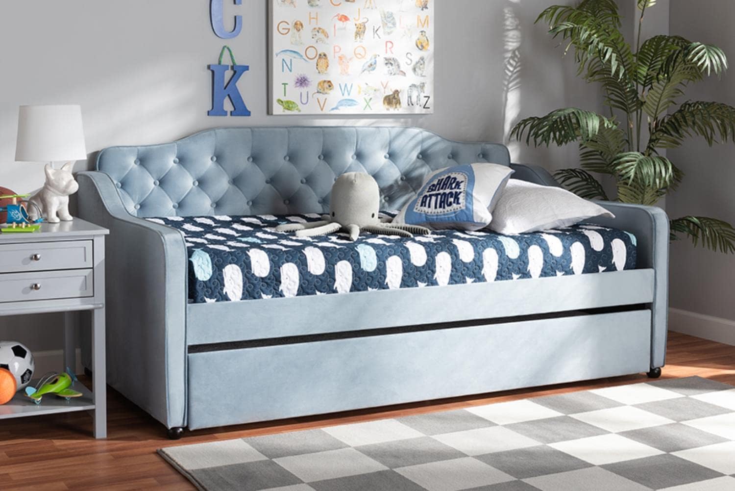 Baxton Studio Freda Traditional and Transitional Light Blue Velvet Fabric Upholstered and Button Tufted Twin Size Daybed with Trundle