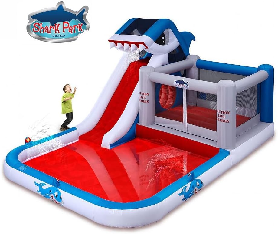 Blast Zone Shark Park 19x11 Inflatable Water Park Bouncer - Blower - Climbing Wall - Slide - Splash Area - Huge