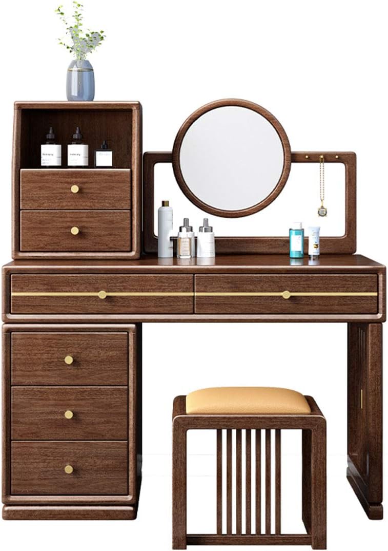 Makeup Vanity Table Set with HD Mirror Solid Wood Dressing Desk Furniture with Large Drawer Storage Cosmetics and Cushioned Stool for Bedroom for Women Girls