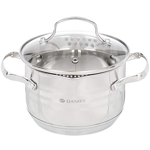 Daniks Tokio Stainless Steel Stock Pot with Glass Lid | Induction 4.5 Quart | Pasta Pot with Strainer Insert | Dishwasher Safe Pot | Measuring Scale | Soup Pasta Stew Pot | Silver