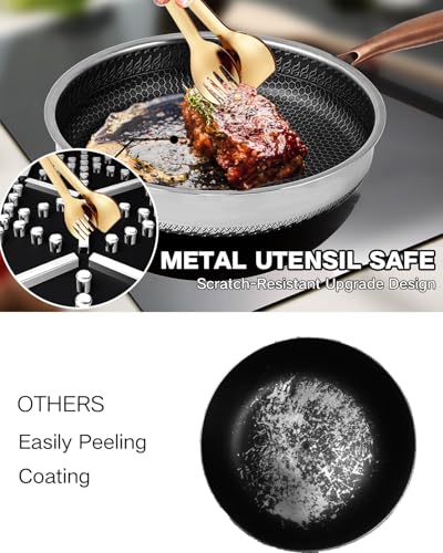 Frying Pans Nonstick, 12 inch Hybrid Non Stick Frying Pan with Lid, Stainless Steel Non Toxic PFOA Free Scratch-resistant Coating Skillets, Dishwasher & Oven Safe Induction Compatible Cookware