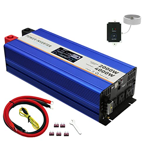 3000W Pure Sine Wave Solar Power Inverter peak-6000 Watt,DC 12V to 110V,with 4X AC,2xUSB Port,LCD Digital Display, Press Button or Control by Wire Switch,High Power Output Terminal