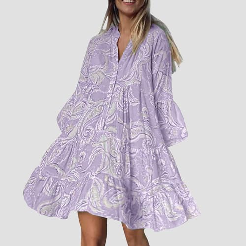 Women's Mini Dress V Neck Floral Puff Sleeve Buttun Loose Fit Short Summer Boho Beach Dress Floral Flowy Midi Dress