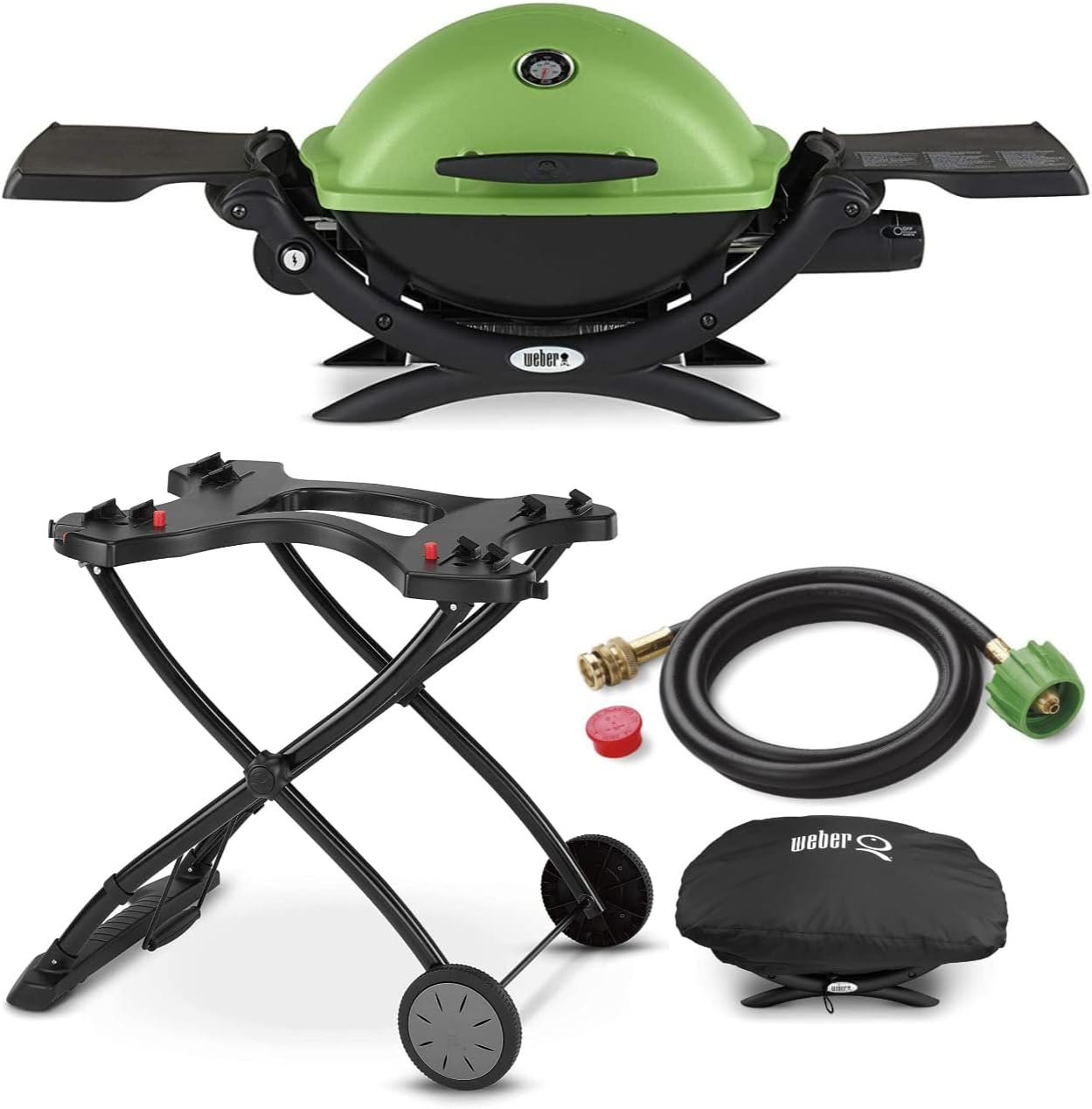 Weber Q 1200 Liquid Propane Grill (Green) Bundle with Portable Cart, Adapter Hose and Grill Cover (4 Items)