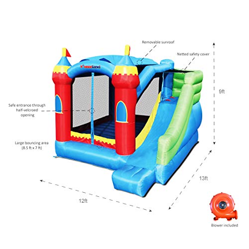 Bounceland Royal Palace Inflatable Bounce House, with Long Slide, Large Bouncing Area, Basketball Hoop and Sun Roof, 13 ft x 12 ft x 9 ft H, UL Strong Certified Blower, Castle Kids Party Theme