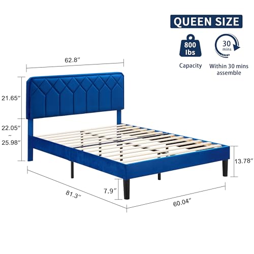 VECELO Queen Size Bed Frame Premium Velvet Upholstered Platform with Height Adjustable Headboard/Mattress Foundation, Solid Wooden Slat Support, No Box Spring Needed/Easy Assembly