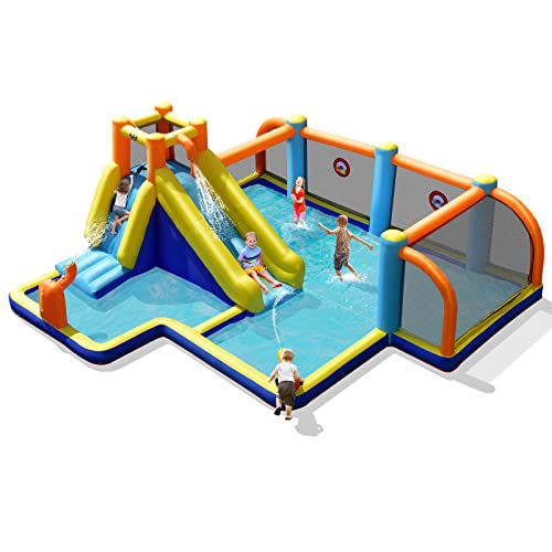 BOUNTECH Inflatable Water Slide, 7-in-1 Giant Waterslide Park for Outdoor Fun with Water Soccer Splash Pool, 735w Blower, Blow up Water Slides Inflatables for Kids and Adults Backyard Party Gifts