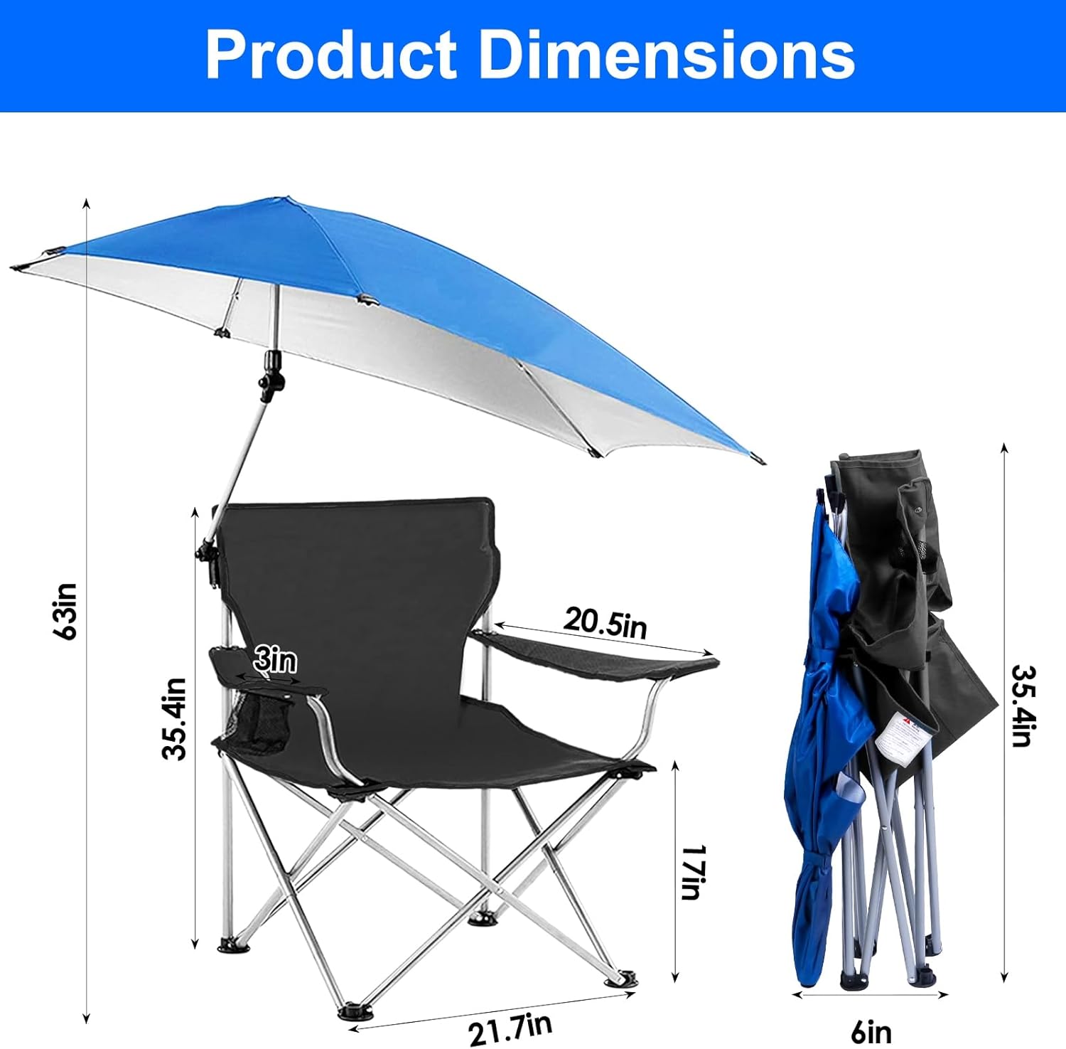 Beach Chair with Umbrella, Folding Beach Chairs for Adults with Canopy Shade, UPF 50+ Adjustable Heavy Duty Camping Lawn Chair with Cup Holder Carry Bag, for Outdoor Picnic BBQ Fishing (Black)