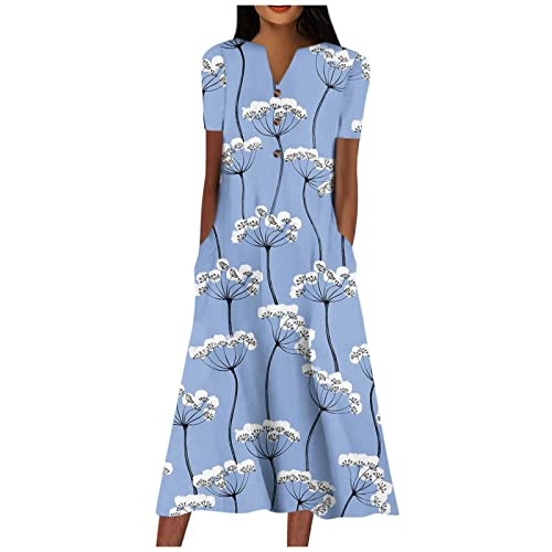 Womens Dresses Pocket Half Sleeve Long Dress Button Down Floral Printed Beach Dress V Neck Trendy Maxi Dress