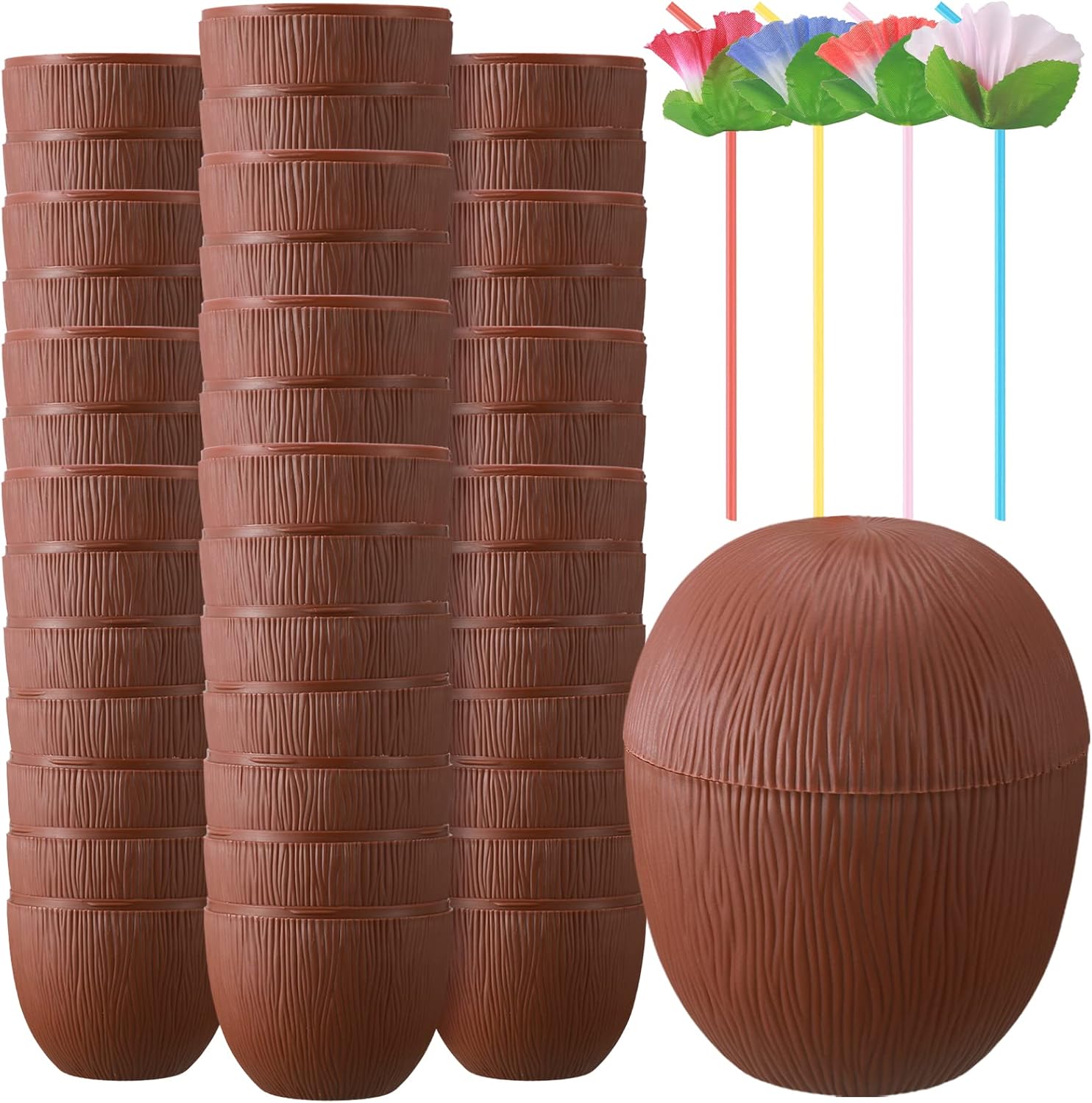 36 Pieces Coconut Cups with 36 Pieces Flower Straws Tropical Coconut Drink Cups Plastic Hawaii Party Cups with Straws for Hawaiian Luau Tiki and Beach Summer Theme Party Decoration for Kids and Adults