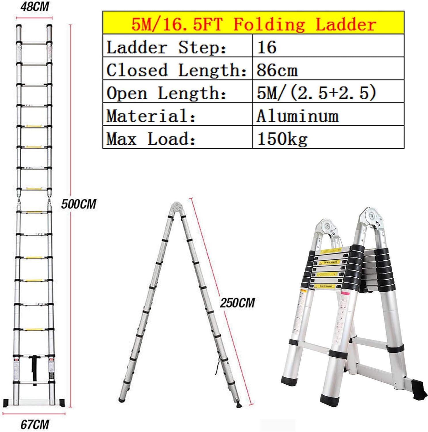 16.5ft Aluminum Telescoping Ladder with Stabilizer Bar Retractable A-Type Ladders Compact Easy to Carry for Workshop RV Camper Boat Roof Work Office Garage DIY Builder Supplies