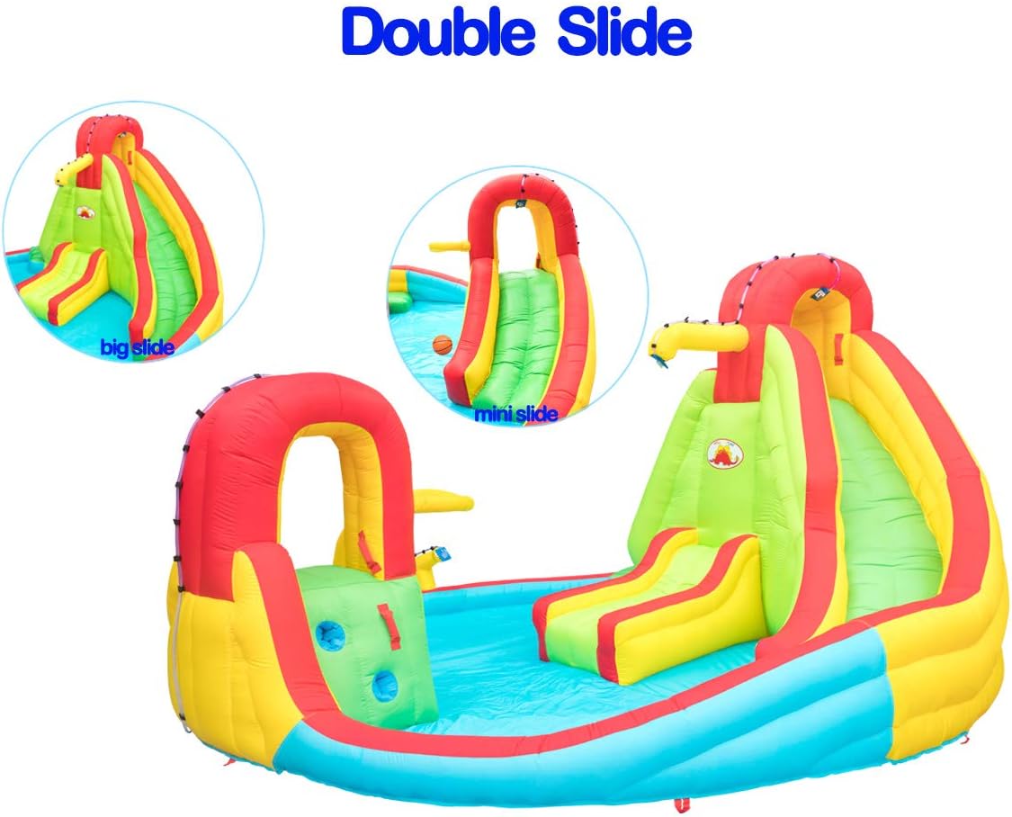 Inflatable Water Park with Blower Dual Water Slide, Climbing Wall, Water Gun, Splash Pool, Lounge, Basketball Hoop and Big Slide