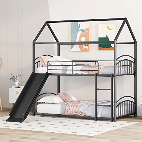 Twin Over Twin House Bunk Bed with Slide, Low Metal Bunk Bed with Full-Length Fence and Ladder, Can be Converted to 2 Twin Beds, Detachable House Bed Floor Bunk Bed for Teens Boys Girls, Black