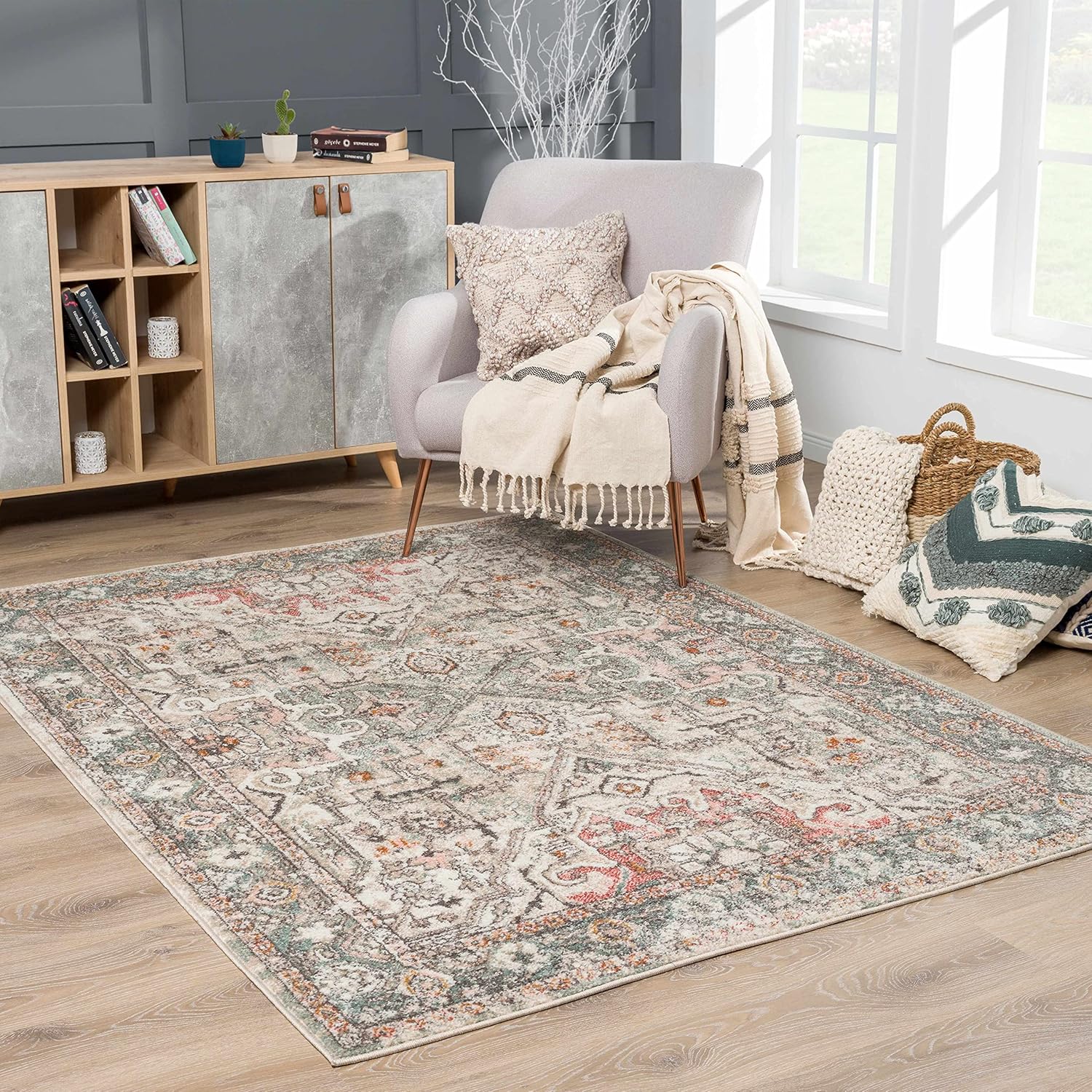 Hauteloom Bolinas Traditional Oriental Living Room Area Rug - Bohemian Vintage Look - Persian Boho Style - Contemporary Abstract Farmhouse Carpet - Multicolor, Beige, Red, Green - 7'10