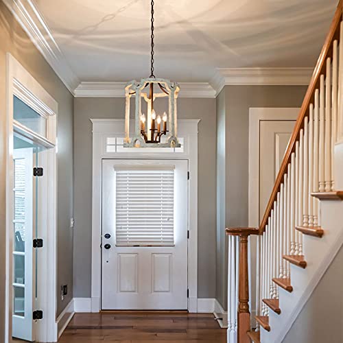 LNC Farmhouse Chandelier, 4-Light Foyer Lighting, Wood Chandelier for Dining Room, Entryway, Weathered White Wood