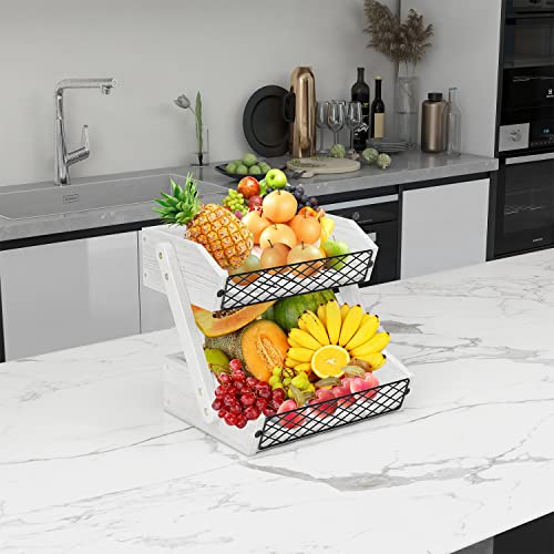 Fruit Basket for Kitchen, 2 Tier Fruit Bowl for Kitchen Counter,Wooden Fruit Holder for Kitchen Countertop,Bread Fruit Vegetable Storage Basket Stand