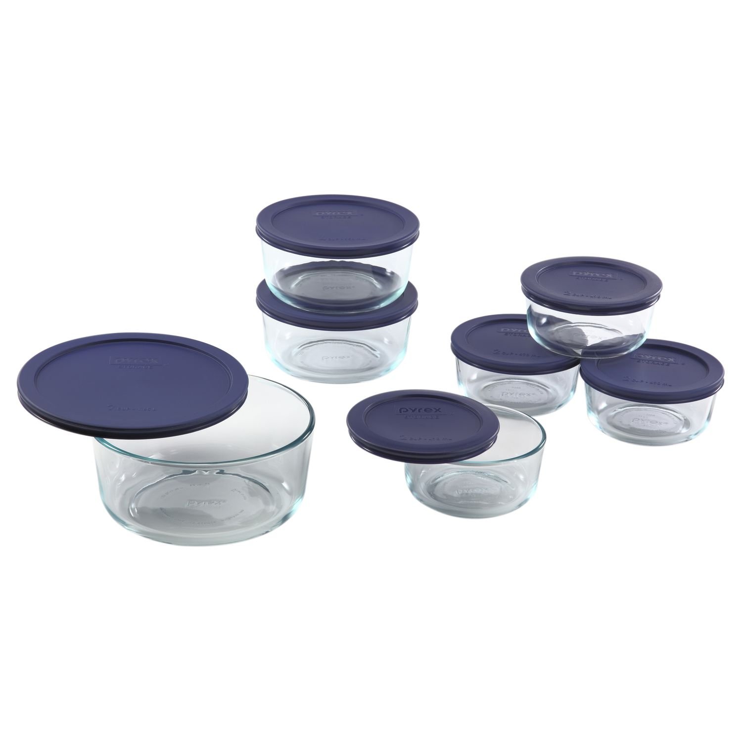 Pyrex Simply Store 14-Piece Round Glass Food Storage Set, Blue
