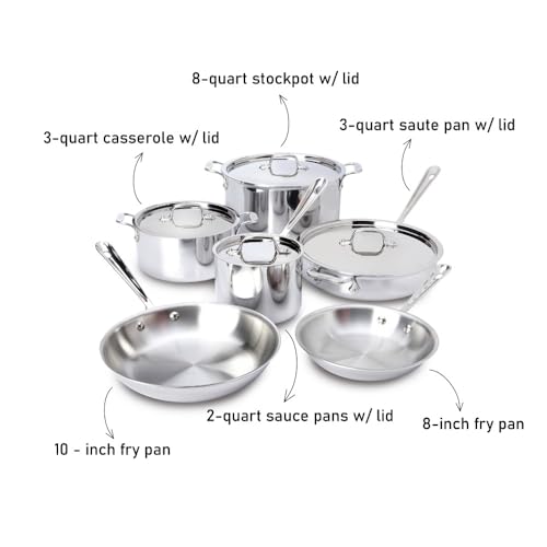 All-Clad D3 3-Ply Stainless Steel Cookware Set 10 Piece, Induction, Oven Broiler Safe 600F, Kitchen Cooking Set w/ Frying Pans, Saucepans, Saute Pan, Stockpot and Soup Pot, Pots and Pans, Silver