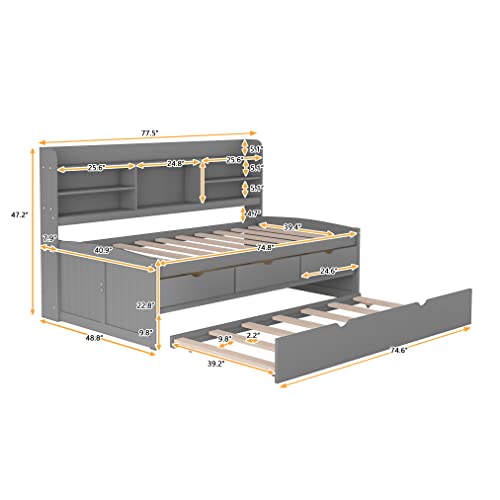 Captain Bed with Trundle,Twin Size Wood Captain Bed with Three Storage Drawers and Built-in Bookshelves,Daybed Sofa Bed with Solid Slats Support,Wood Platform Bed Frame for Living Room Dorm,Natural