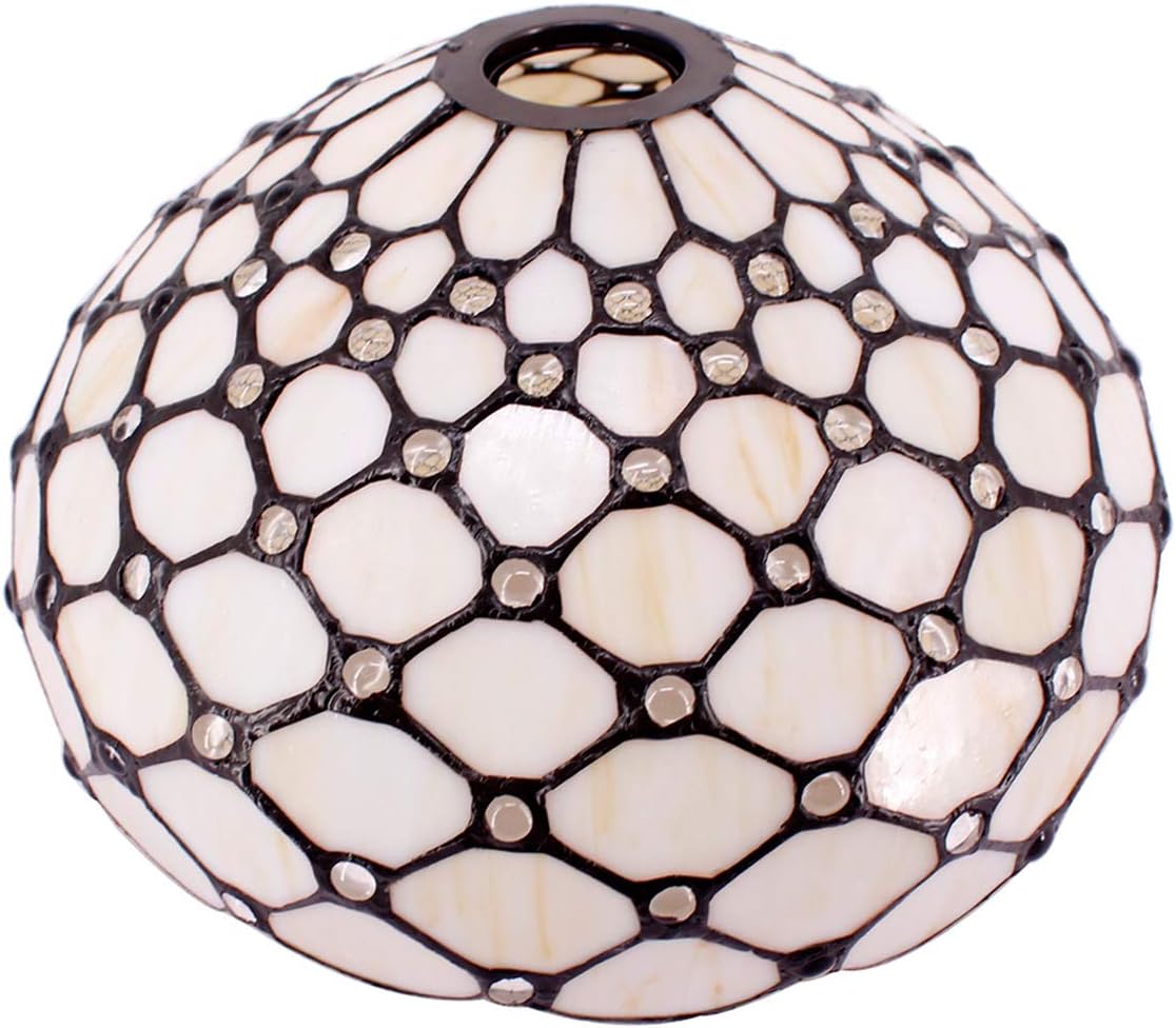 WERFACTORY Tiffany Lamp Shade Replacement 12X10X6 Inch Cream Amber Stained Glass Bead Lampshade Only 1-5/8-Inch Fitter Opening for Arched Floor Lamp, Torchiere Lamp, Pendant Light S005 Series