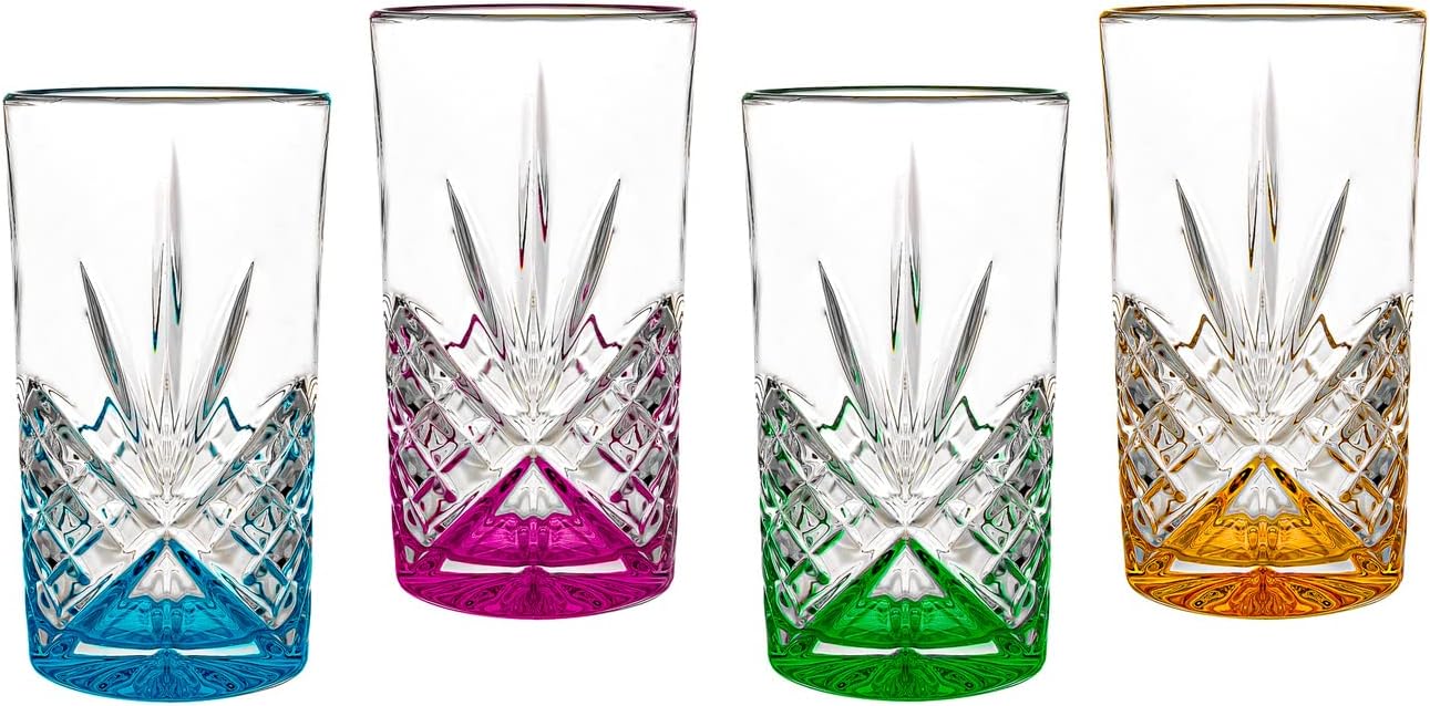 Godinger Highball Glasses Beverage Glass Cup Set, Goblets, DOFs Dublin Rainbow Set of 4