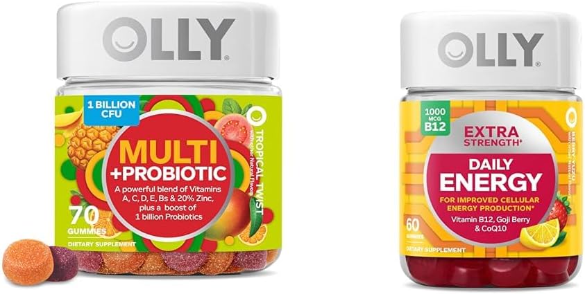 OLLY Multi + Probiotic Adult Multivitamin Gummy, 1 Billion CFUs, Digestive & Extra Strength Daily Energy Gummy, Caffeine Free, 1000mcg Vitamin B12, CoQ10, Goji Berry