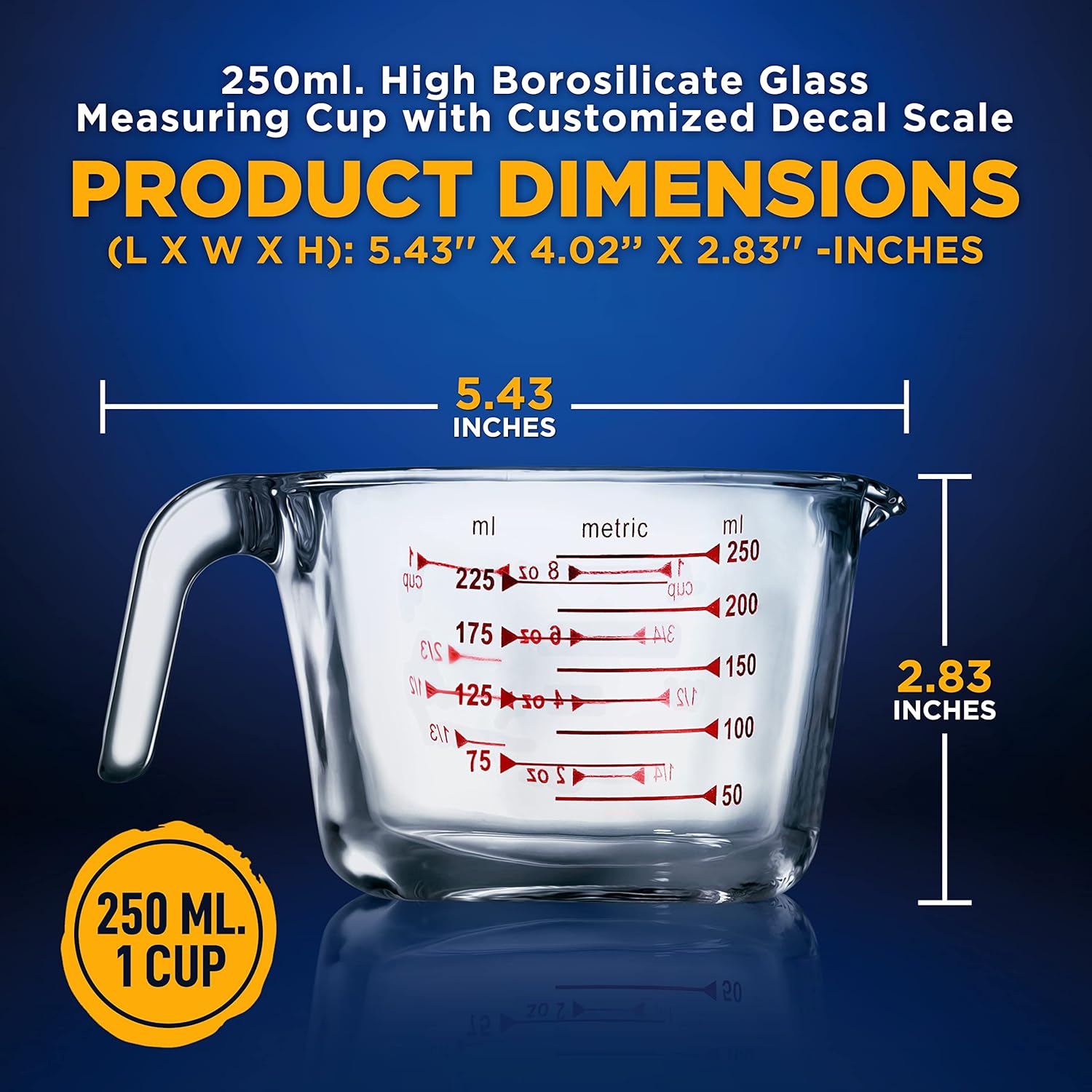 NutriChef 250 ml. Glass Measuring Cup - 8.62 oz Premium Heat Resistant Glass Cup, with Customized Decal Scale, Oven and Dishwasher Safe, Curved Spout for Precise Pouring