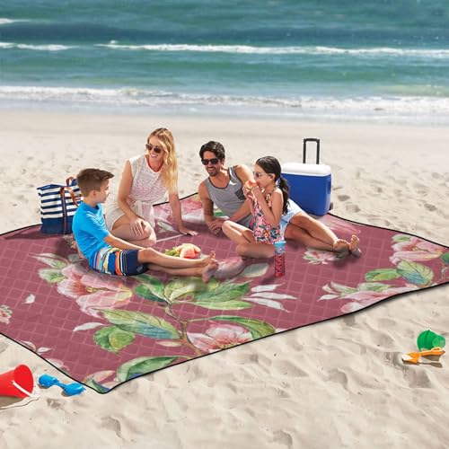 Watercolor Flowers Red Picnic Blankets - Extra Large Waterproof Foldable Portable Picnic Blanket, 60''x80'' Beach Blanket Outdoor Mat for Grass Park, Hiking, Travel