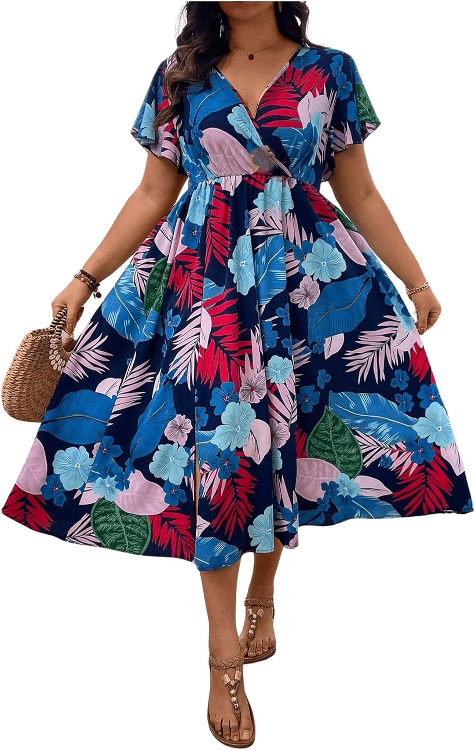 Floerns Women's Plus Size Boho Floral V Neck Short Sleeve A Line Long Dress Blue Tropical 2XL