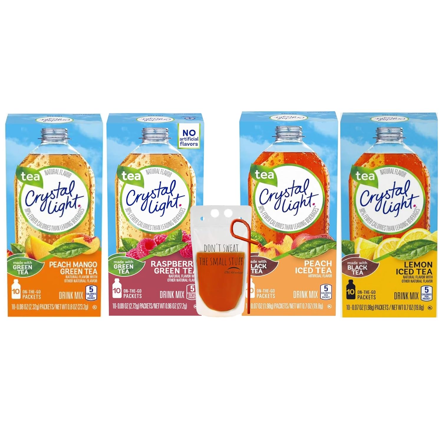 Crystal Light Tea Variety Pack Peach Iced Tea, Lemon Iced Tea, Raspberry Green Tea and Peach Mango Green Tea 1 Box Each (4 Pack) Powdered Drink Mix 40 Total Packets Bundle with Drink Pouch and Straw