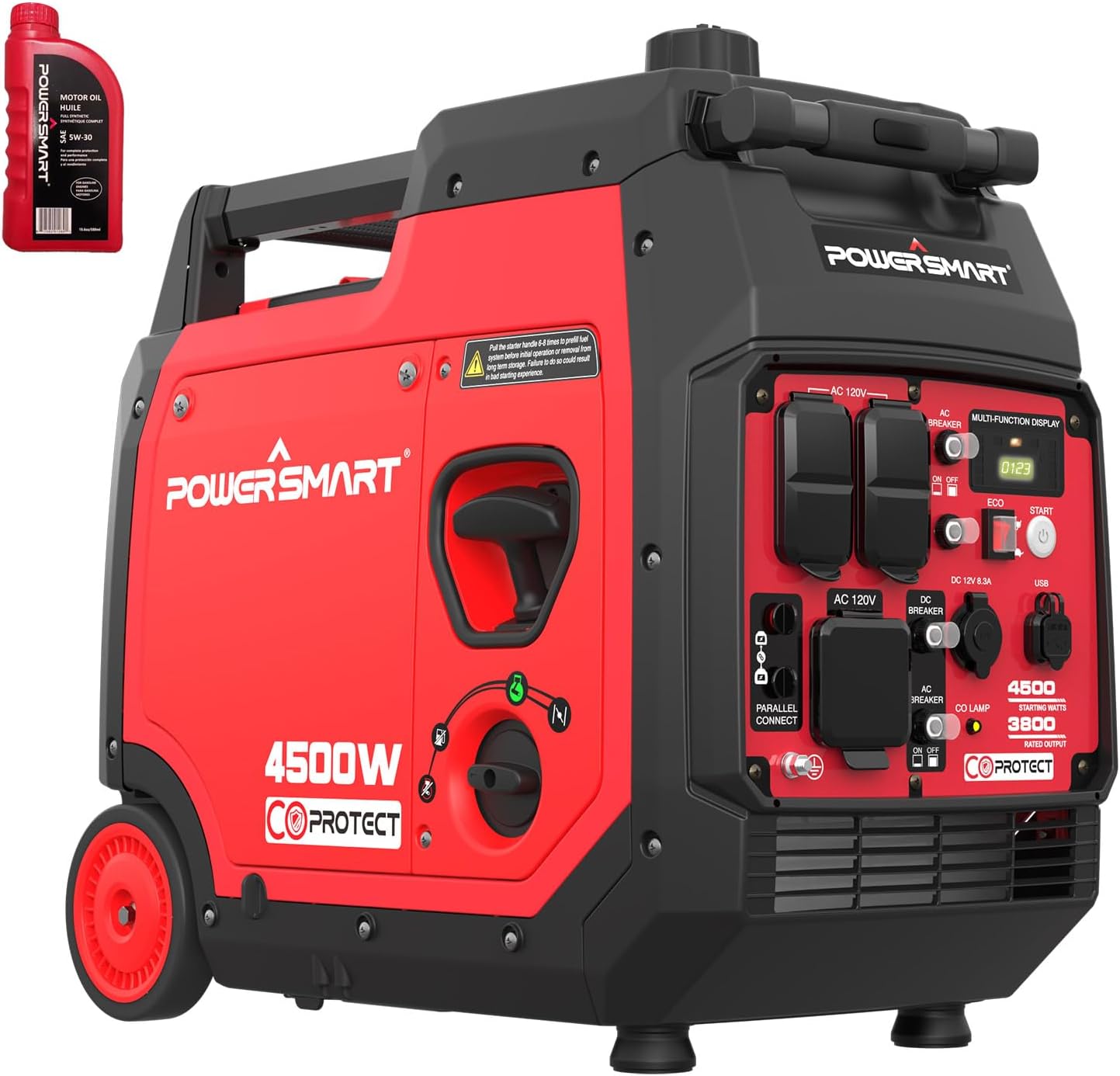 PowerSmart Super Quiet 4500-Watt Portable Inverter Generator with CO Sensor, Electric Start, Gas Powered, RV Ready, Wheel Handle Kit, Parallel Capable, Engine Oil Included, CARB Compliant