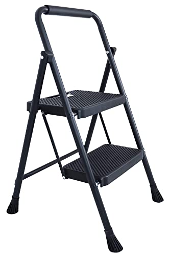 Folding Step Stool with Wide Anti-Slip Pedal, ​330​lbs Sturdy Steel Ladder, 2-Step, Black