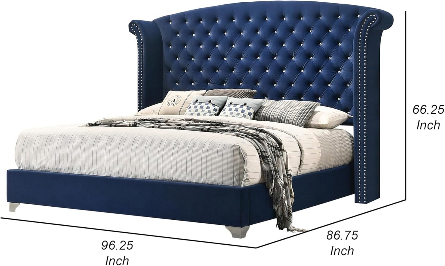 Benjara BM302868 Velvet Upholstery Tufted Headboard Giya Wingback King Size Bed Pacific Blue & Nickel