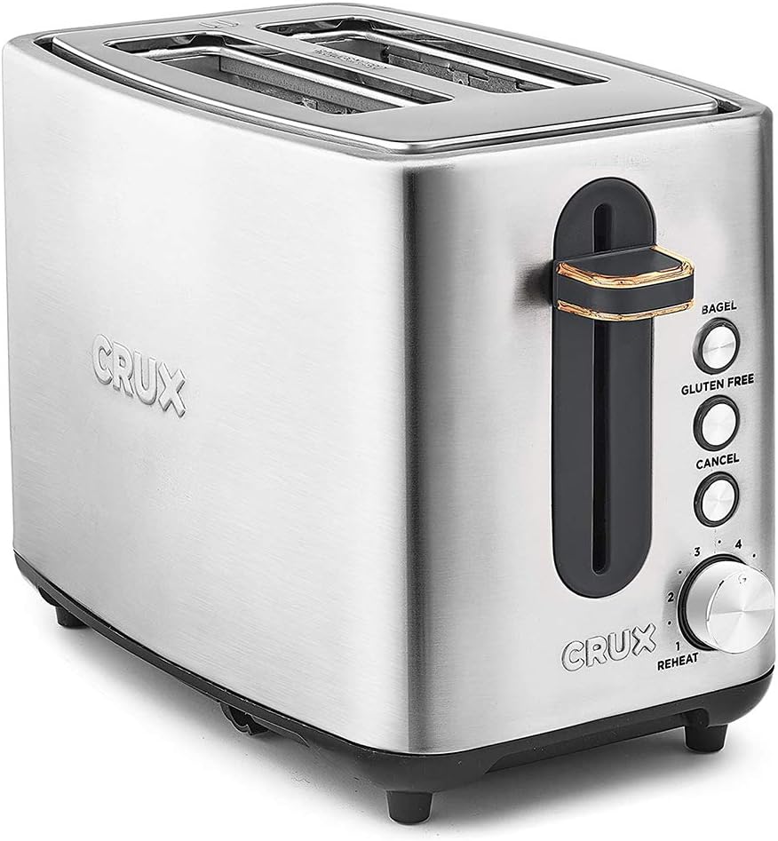 Crux 2 Slice Stainless Steel Toaster, Extra Wide Slots, Quick & Precise 6-Setting Shade Control, Reheat, Bagel and Gluten Free Function, Slide-Out Crumb Tray for Easy Clean Up, Silver/Copper Accents